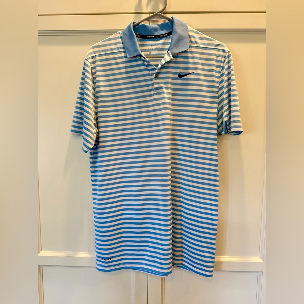 Nike Men's Light Blue and White Striped Polo